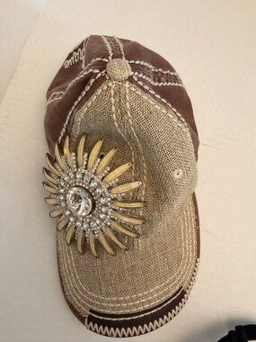 Olive & Pique Sunburst Rhinestone Baseball Cap Brown Tan Adjustable Hat